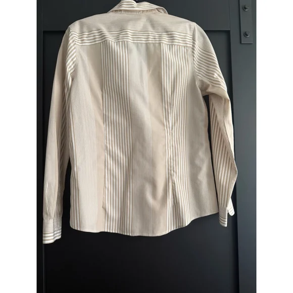 SOLD Orvis Wrinkle Free 100% Cotton Beige White Stripe Button Front Shirt Women - Picture 2 of 5